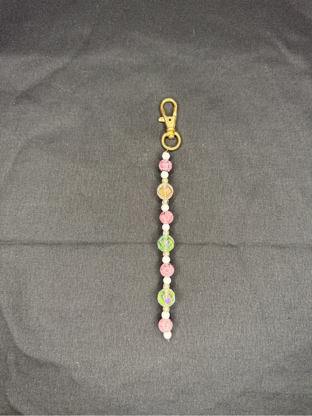 Beaded Pink & Green Keychain Charm with Gold Lobster Clasp